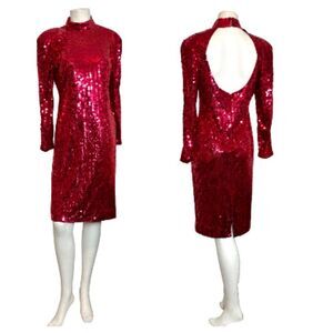 Vintage OLEG CASSINI 12 Open Back True Red Sequin Dress 80s 90s Mob Wife Large